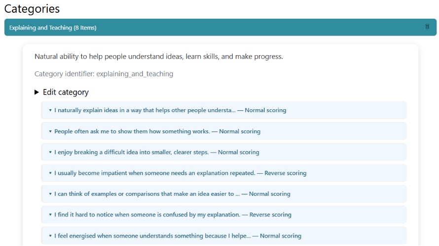 In the builder one can add and edit categories and items to categories.