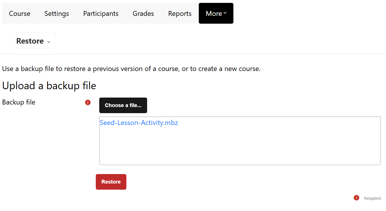 An uploaded seed backup is shown here; select your target Lesson backup when restoring the target.